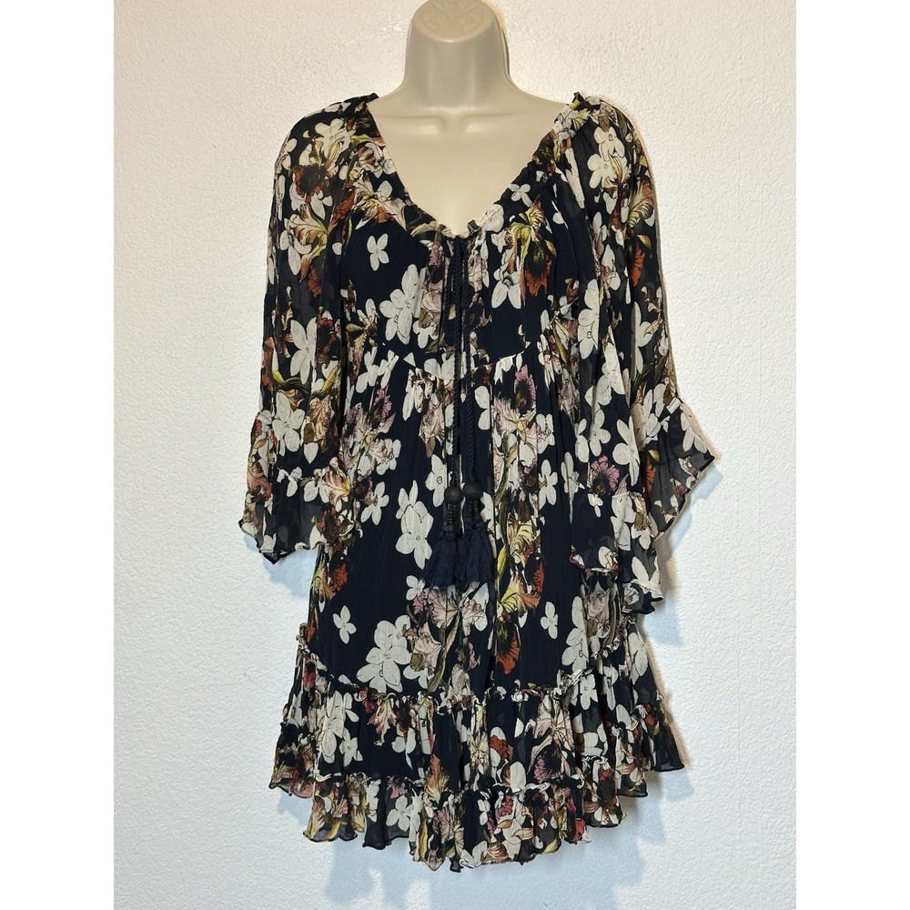 TRYB Anthropologie 100% Silk Mini Dress Navy Floral Tiered Romantic Boho Chic